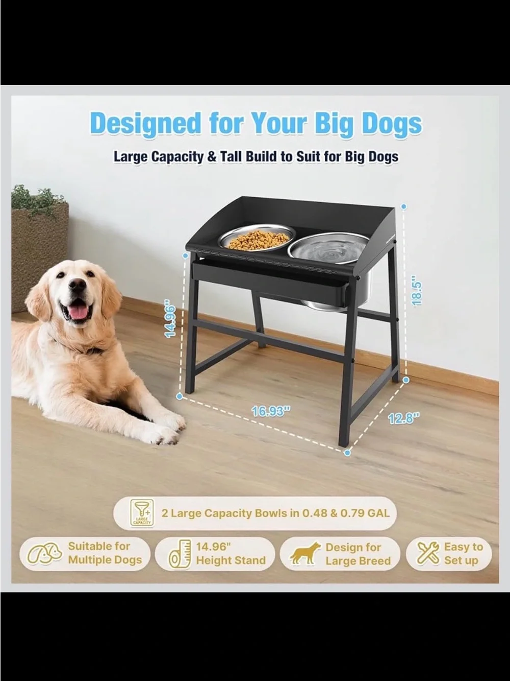 15” Elevated Stainless Steel Dog Bowl Set, Spill‑Proof, Heavy‑Duty - New in Box